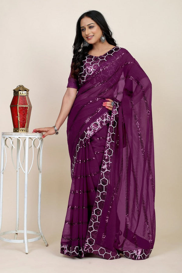 Lovely Purple Color Georgette Fabric Designer Saree