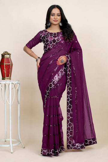 Lovely Purple Color Georgette Fabric Designer Saree