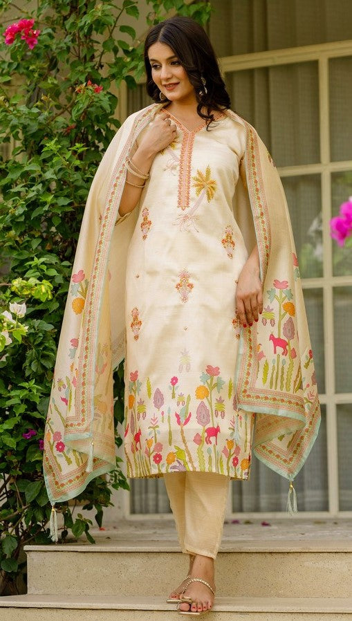 Tasteful Beige Color Viscose Fabric Designer Suit