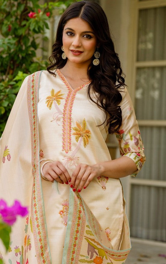 Tasteful Beige Color Viscose Fabric Designer Suit