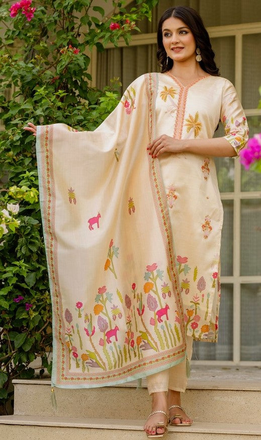 Tasteful Beige Color Viscose Fabric Designer Suit