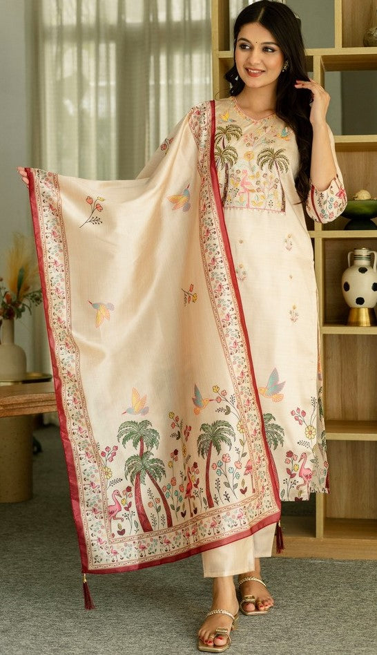 Tasteful Beige Color Viscose Fabric Designer Suit