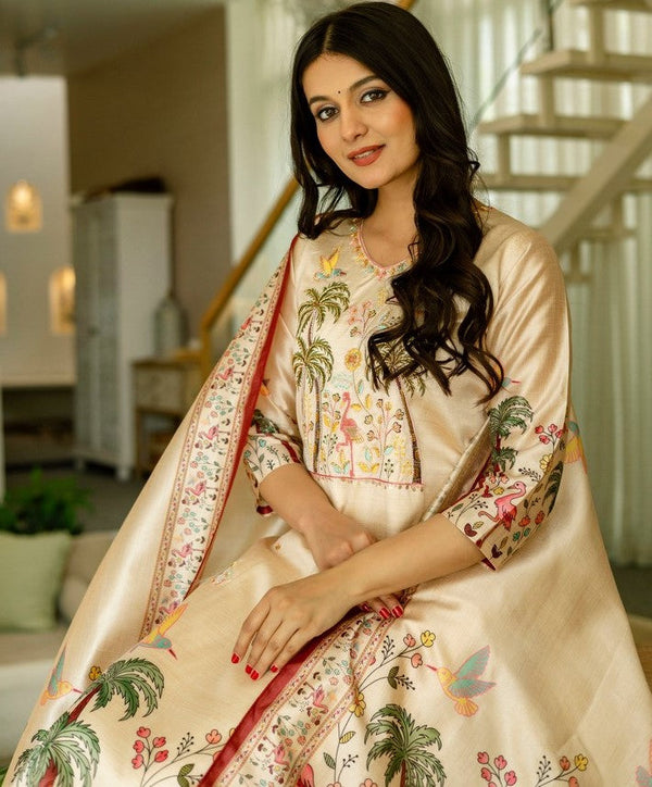 Tasteful Beige Color Viscose Fabric Designer Suit