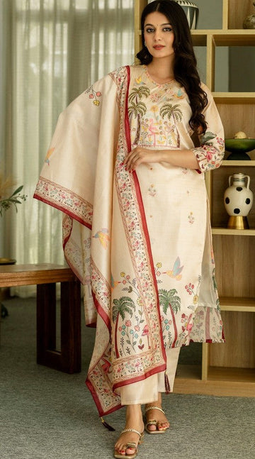 Tasteful Beige Color Viscose Fabric Designer Suit