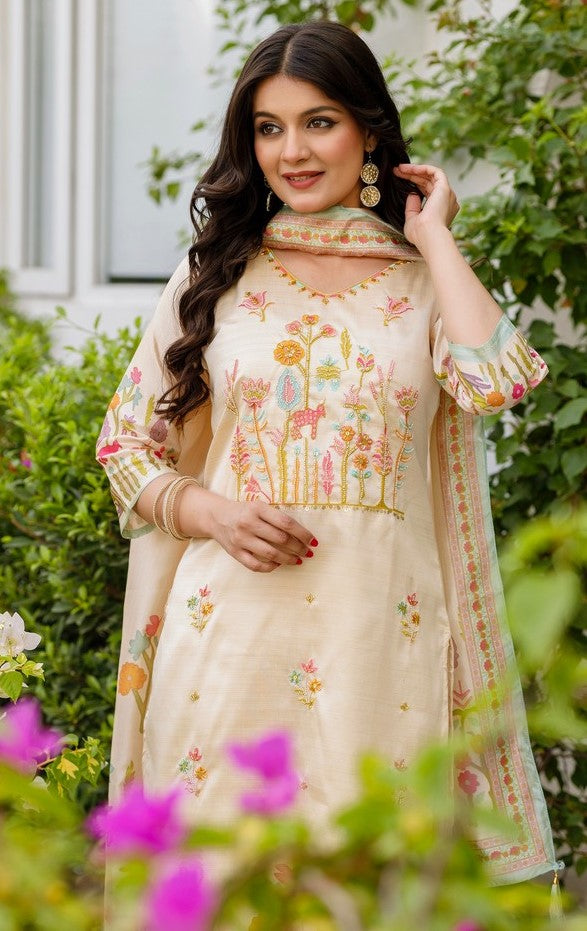 Tasteful Beige Color Viscose Fabric Designer Suit