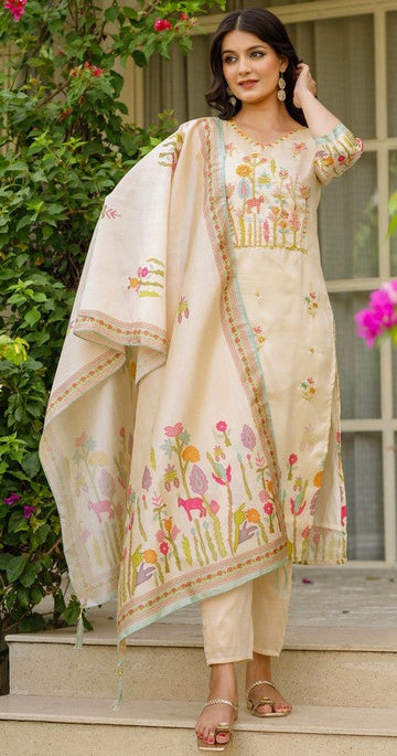 Tasteful Beige Color Viscose Fabric Designer Suit