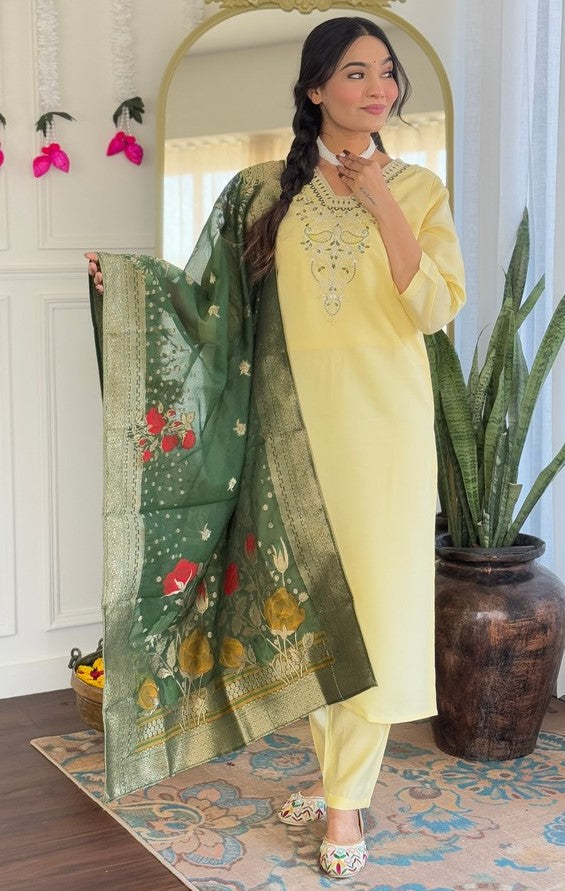 Tasteful Yellow Color Viscose Fabric Designer Suit