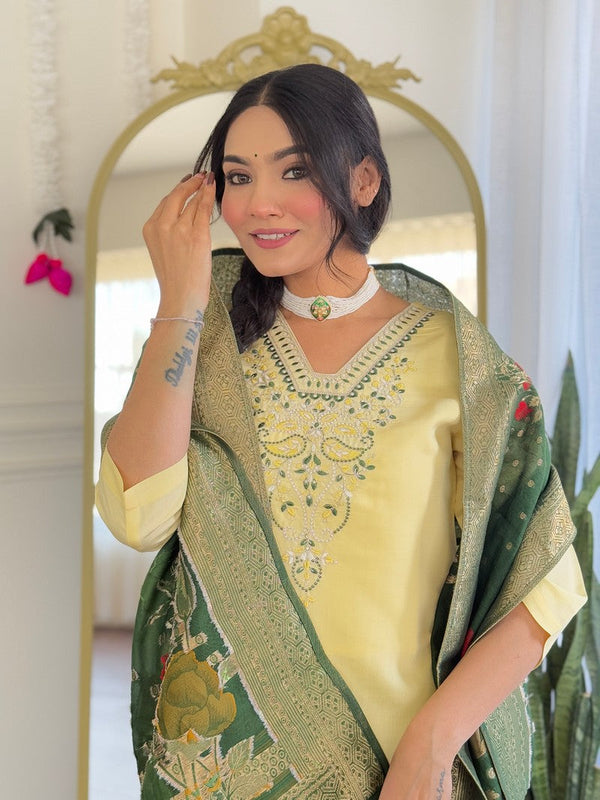 Tasteful Yellow Color Viscose Fabric Designer Suit