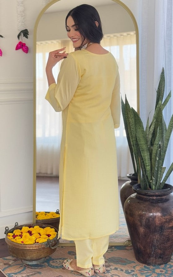Tasteful Yellow Color Viscose Fabric Designer Suit