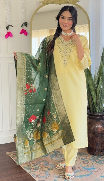 Tasteful Yellow Color Viscose Fabric Designer Suit