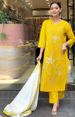 Tasteful Yellow Color Viscose Fabric Designer Suit