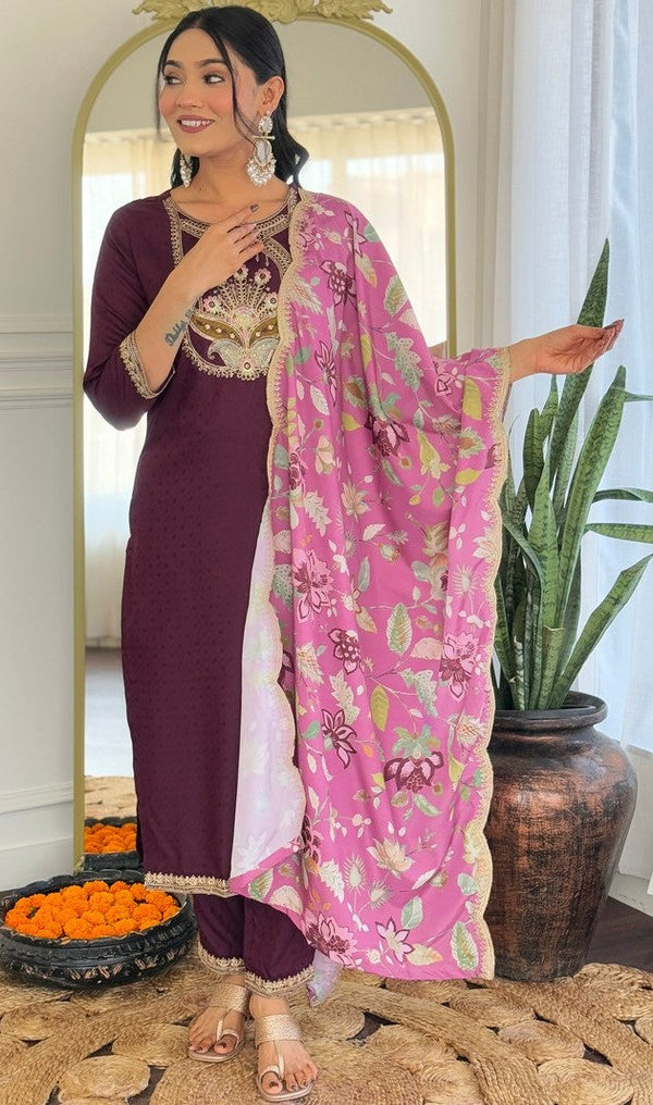 Tasteful Wine Color Viscose Fabric Designer Suit
