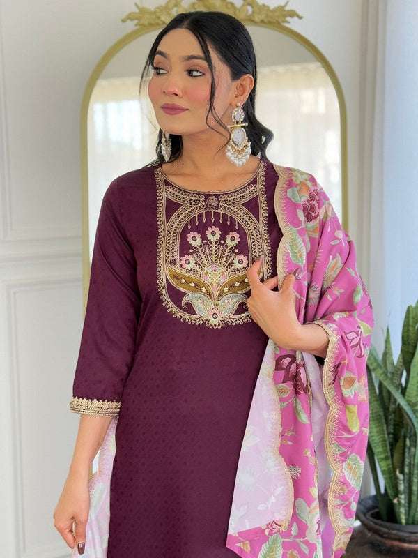 Tasteful Wine Color Viscose Fabric Designer Suit