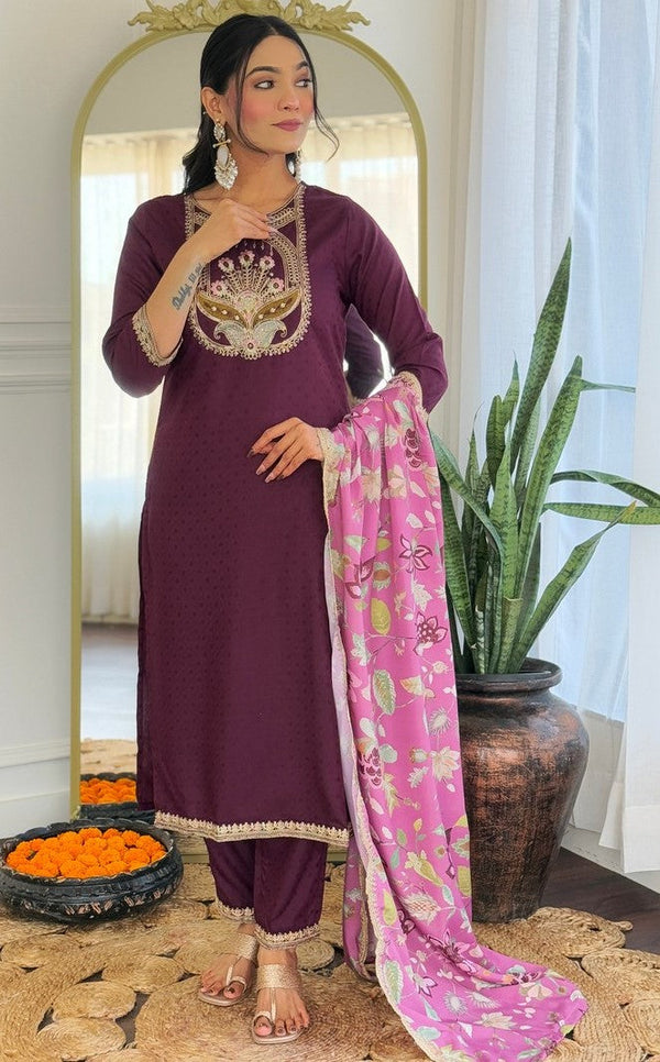 Tasteful Wine Color Viscose Fabric Designer Suit