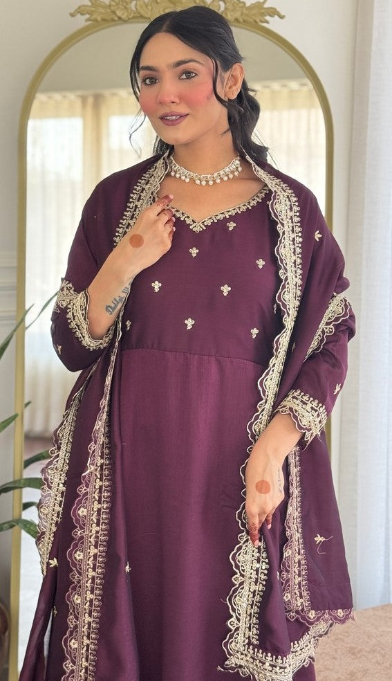 Tasteful Wine Color Viscose Fabric Designer Suit