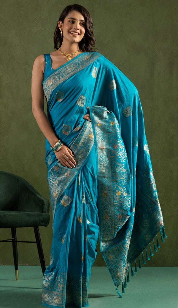 Amazing Aqua  Color Silk Fabric Partywear Saree