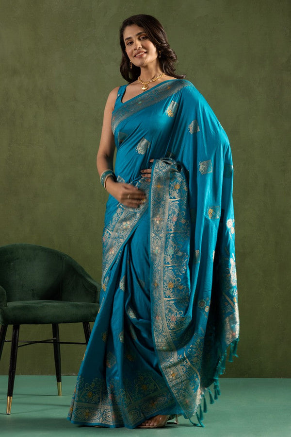 Amazing Aqua  Color Silk Fabric Partywear Saree