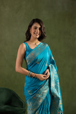 Amazing Aqua  Color Silk Fabric Partywear Saree