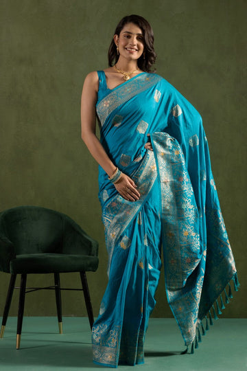 Amazing Aqua  Color Silk Fabric Partywear Saree