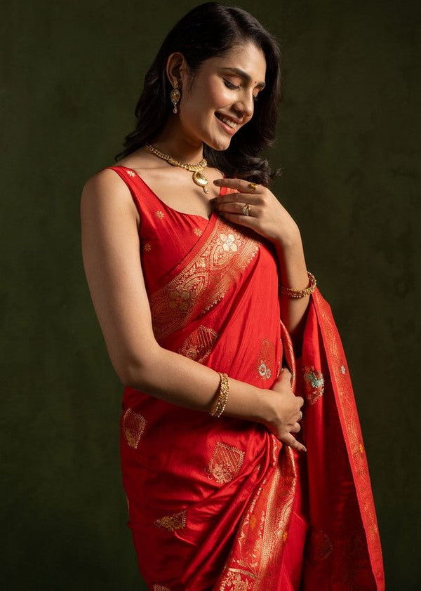 Amazing Red Color Silk Fabric Partywear Saree