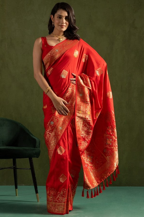Amazing Red Color Silk Fabric Partywear Saree