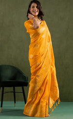 Amazing Yellow Color Silk Fabric Partywear Saree