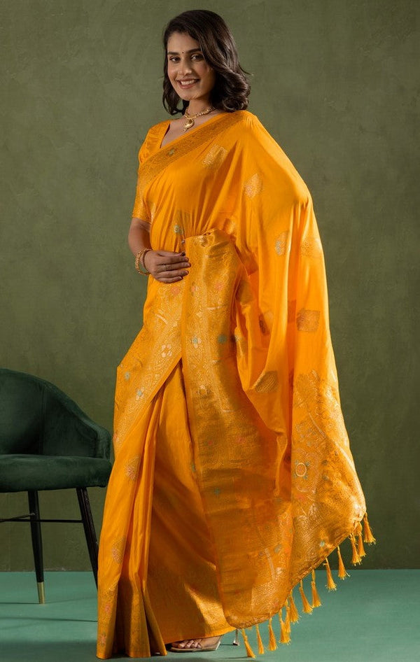 Amazing Yellow Color Silk Fabric Partywear Saree