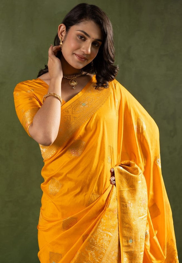 Amazing Yellow Color Silk Fabric Partywear Saree