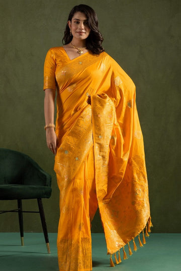 Amazing Yellow Color Silk Fabric Partywear Saree
