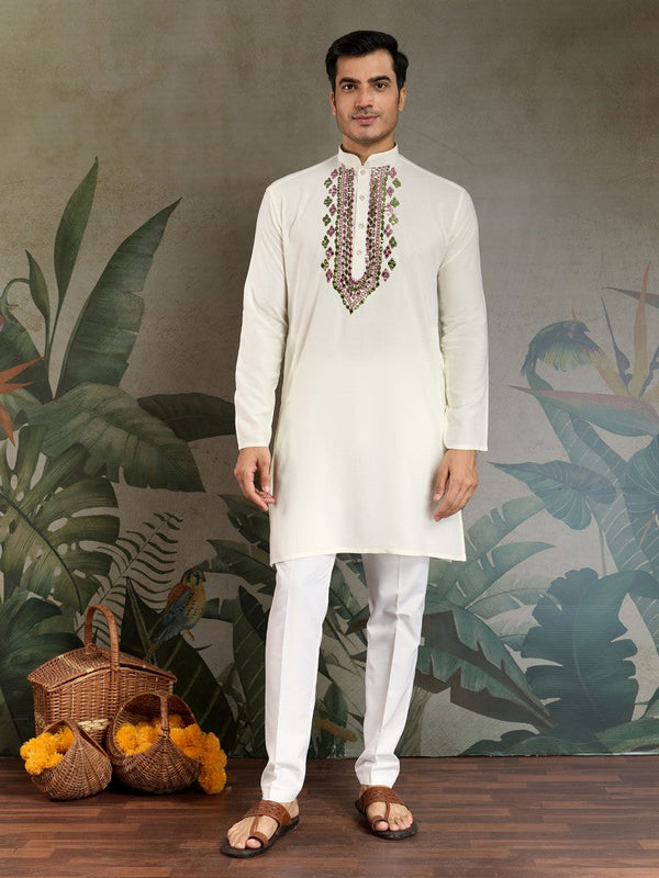 Dazzling White Color Viscose Fabric Mens Kurta