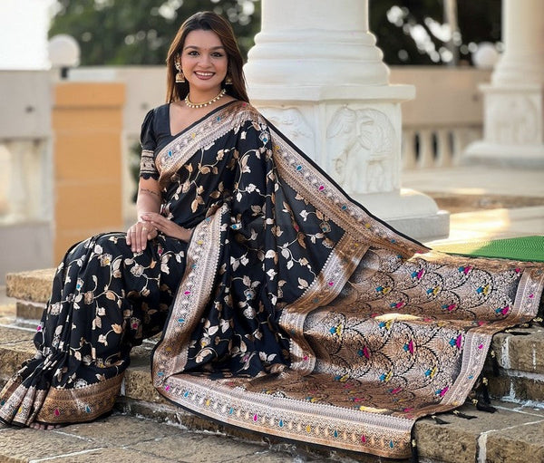 Lovely Black Color Banarasi Fabric Partywear Saree