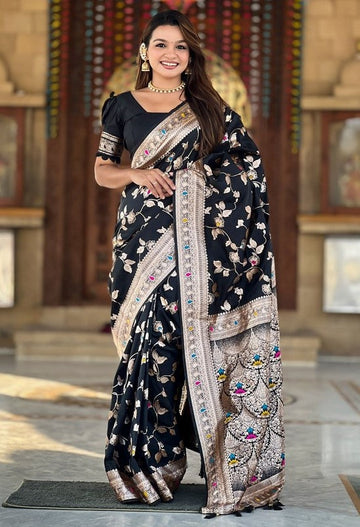 Lovely Black Color Banarasi Fabric Partywear Saree