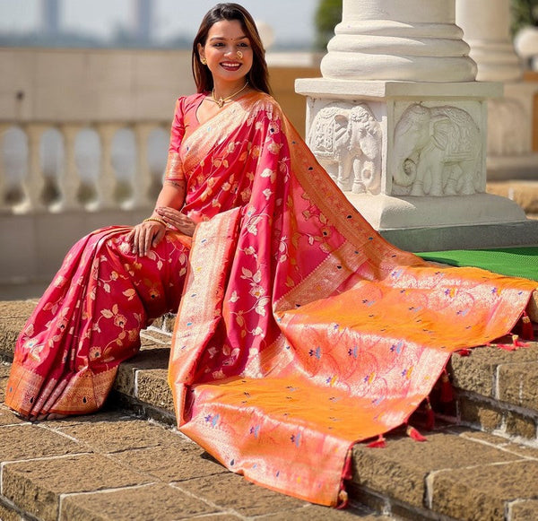 Lovely Peach Color Banarasi Fabric Partywear Saree