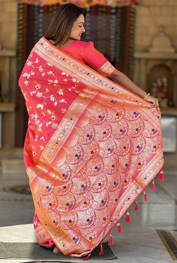 Lovely Peach Color Banarasi Fabric Partywear Saree