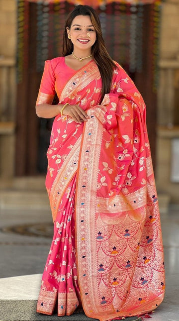 Lovely Peach Color Banarasi Fabric Partywear Saree