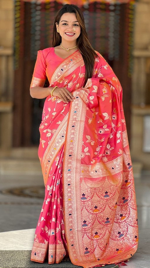 Lovely Peach Color Banarasi Fabric Partywear Saree