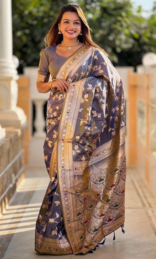 Lovely Grey Color Banarasi Fabric Partywear Saree