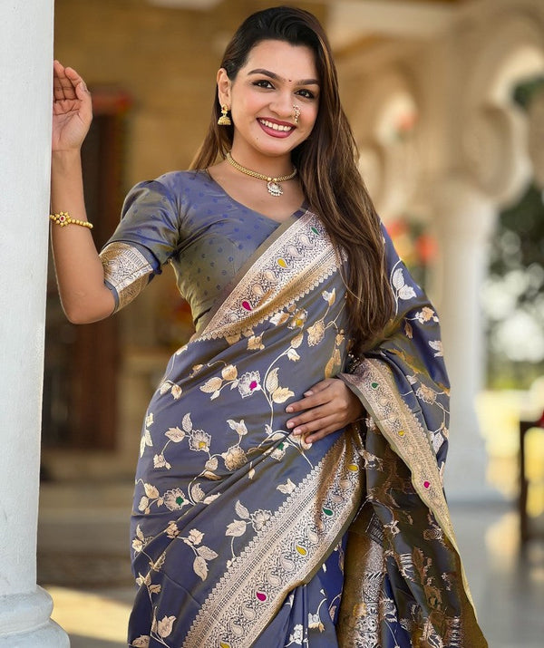 Lovely Grey Color Banarasi Fabric Partywear Saree