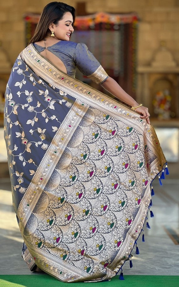 Lovely Grey Color Banarasi Fabric Partywear Saree