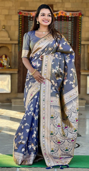 Lovely Grey Color Banarasi Fabric Partywear Saree