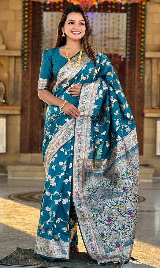 Lovely Teal  Color Banarasi Fabric Partywear Saree