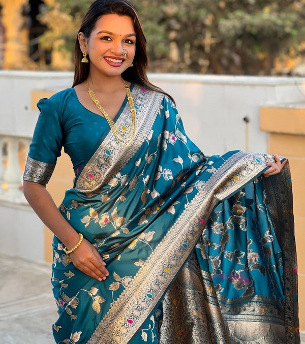 Lovely Teal  Color Banarasi Fabric Partywear Saree