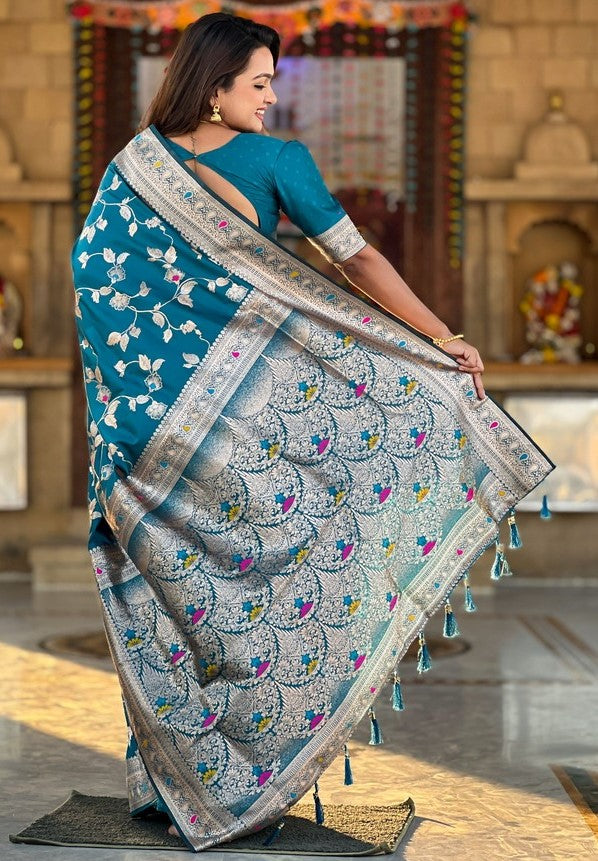 Lovely Teal  Color Banarasi Fabric Partywear Saree