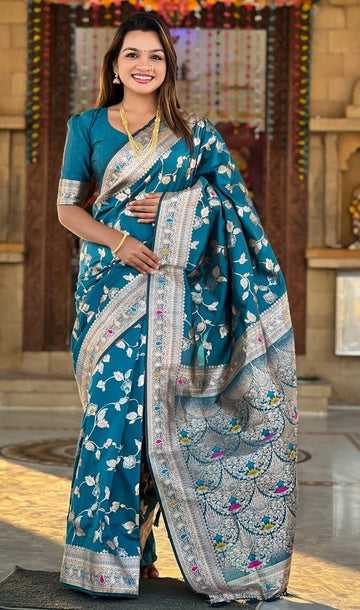 Lovely Teal  Color Banarasi Fabric Partywear Saree