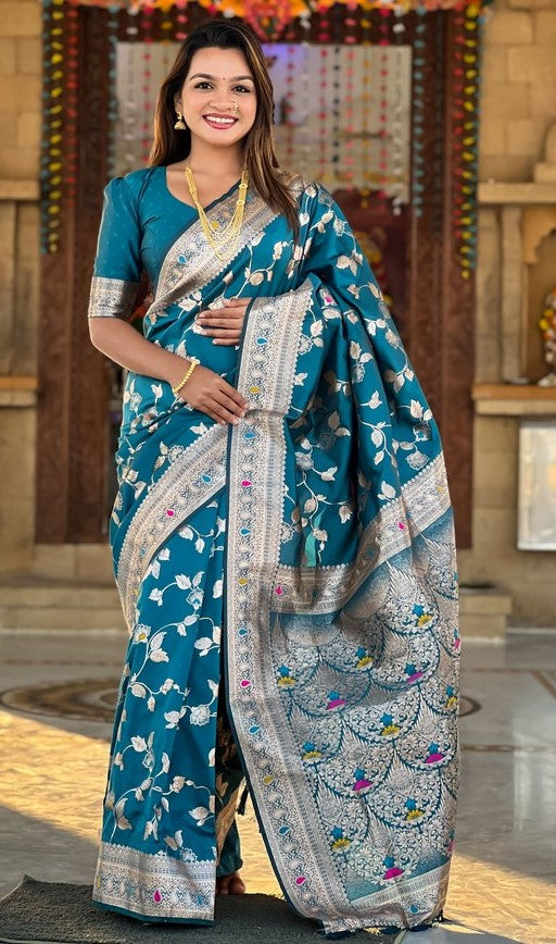 Lovely Teal  Color Banarasi Fabric Partywear Saree