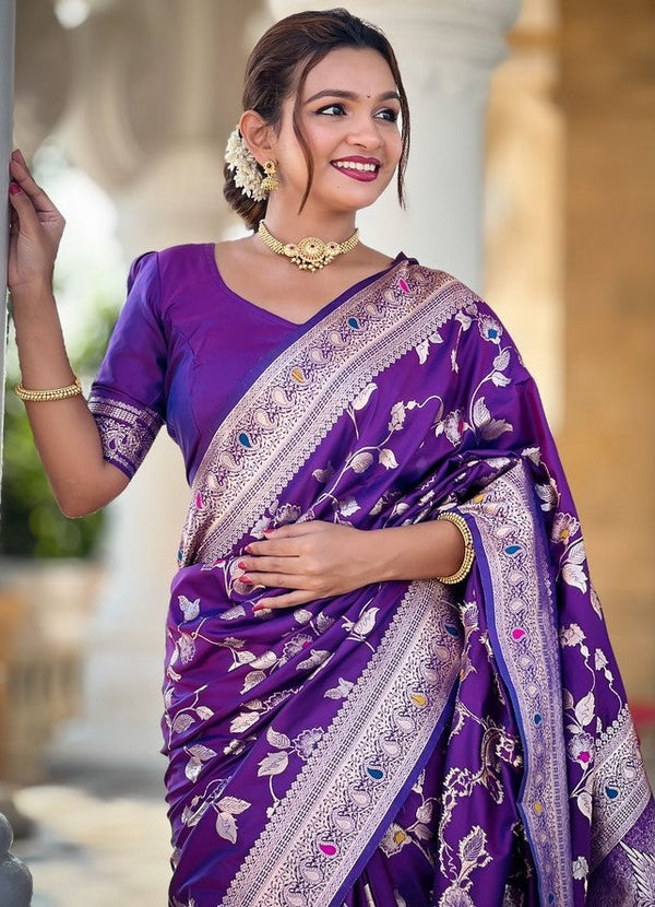 Lovely Purple Color Banarasi Fabric Partywear Saree