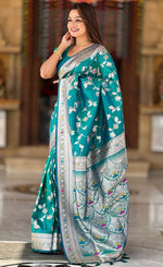 Lovely Teal  Color Banarasi Fabric Partywear Saree
