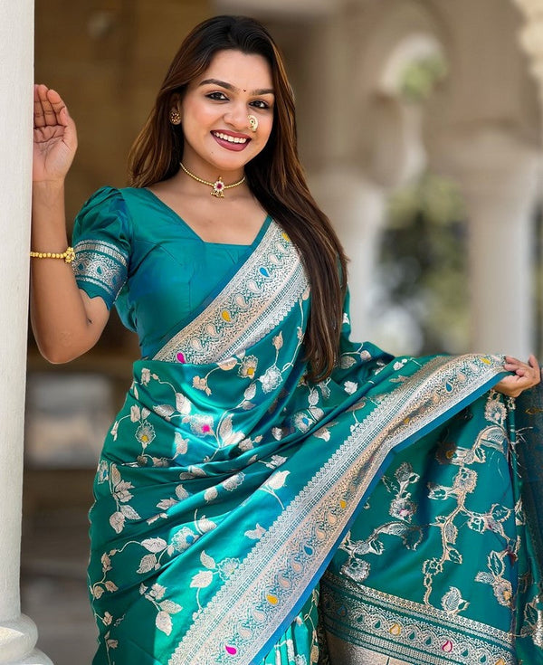 Lovely Teal  Color Banarasi Fabric Partywear Saree