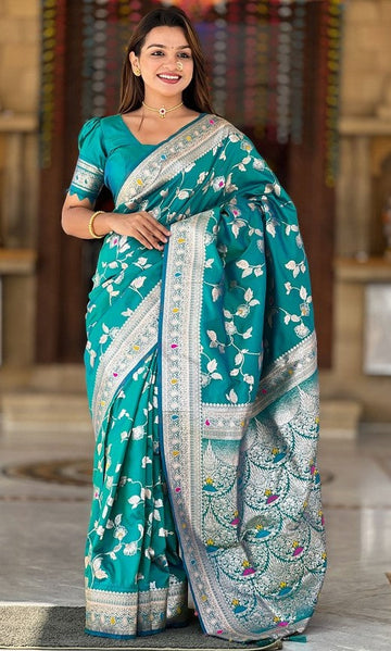 Lovely Teal  Color Banarasi Fabric Partywear Saree
