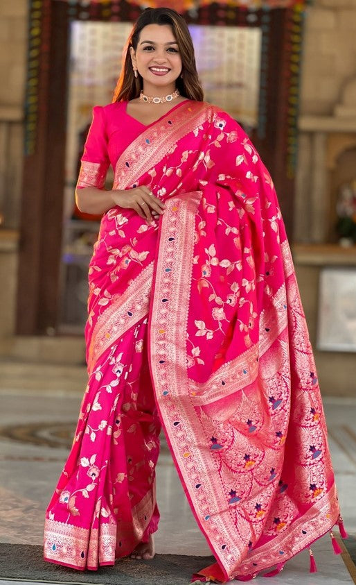 Lovely Pink Color Banarasi Fabric Partywear Saree